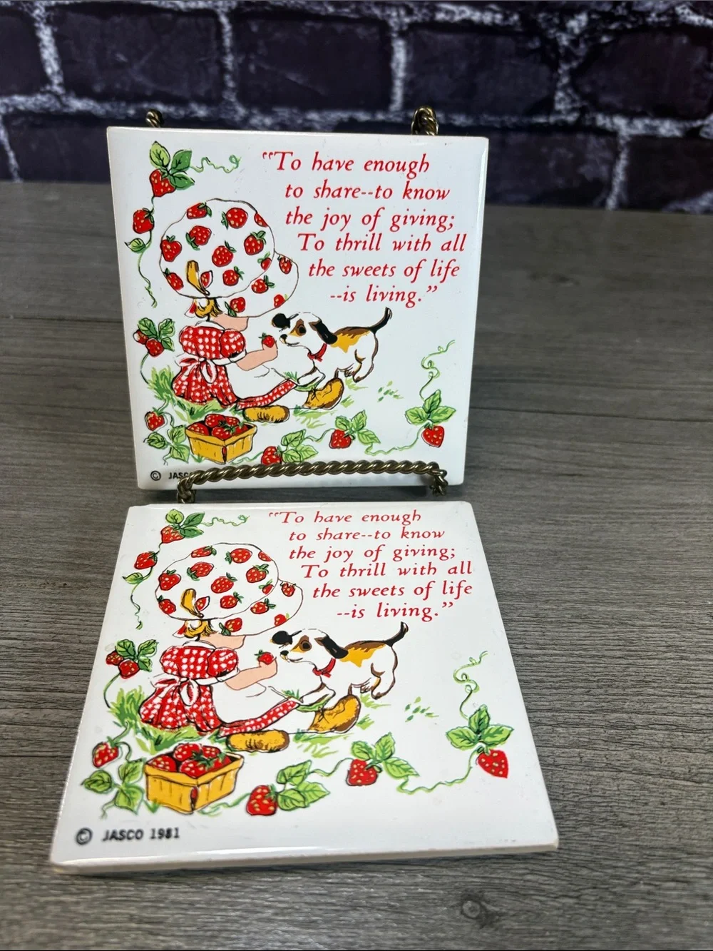 Vintage 1981 Strawberry Shortcake Ceramic Art Tile Trivet Set